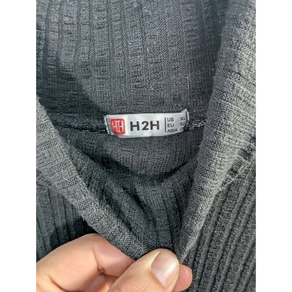 H2H‎ Mens Ribbed Turtleneck Sweater Charcoal Gray Tan Shoulder Patches XL
